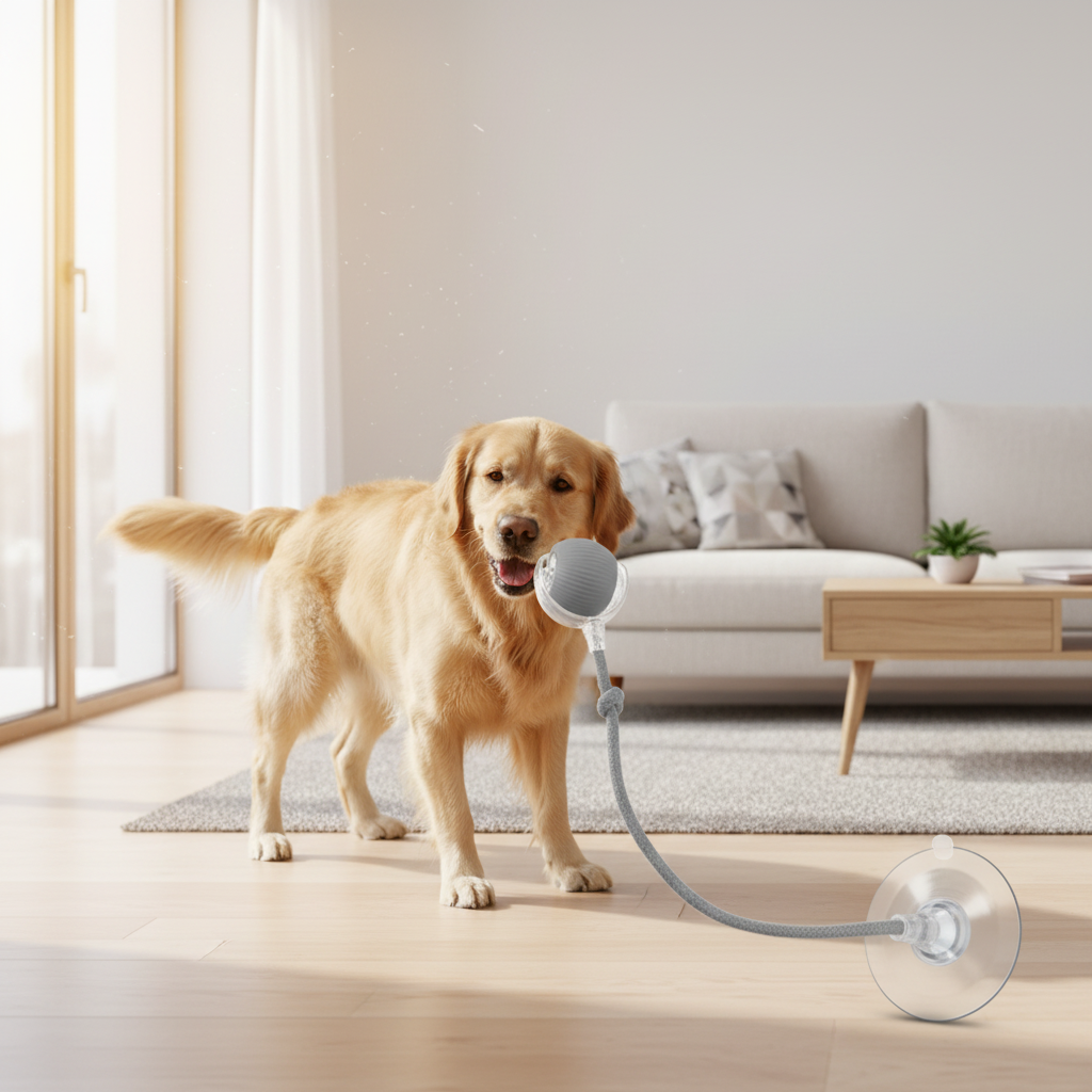 Dog playing with smart rolling pet ball in living room