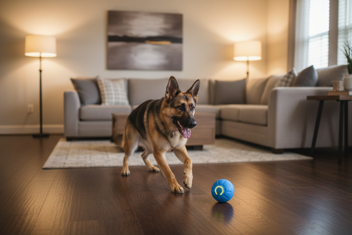 German Shepherd with Interactive Ball in Living Room