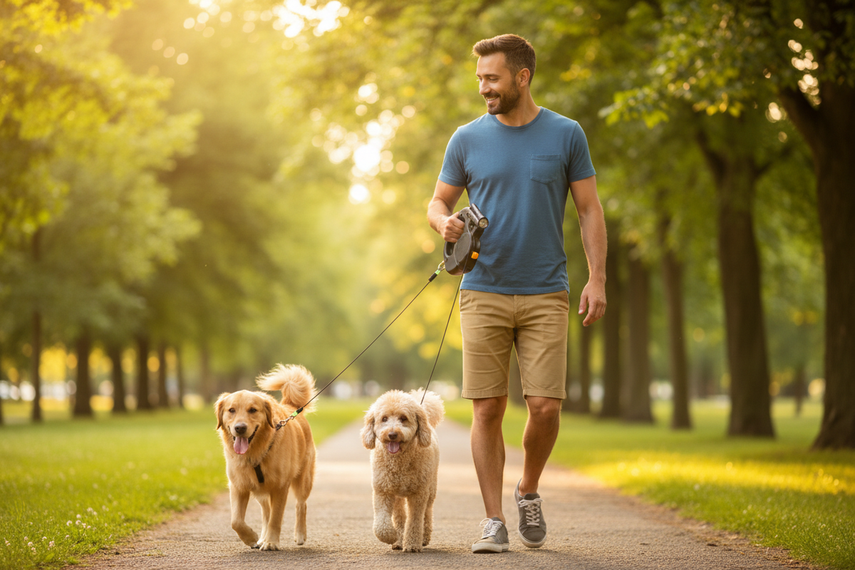 Man walking two dogs in a park with dual retractable leash