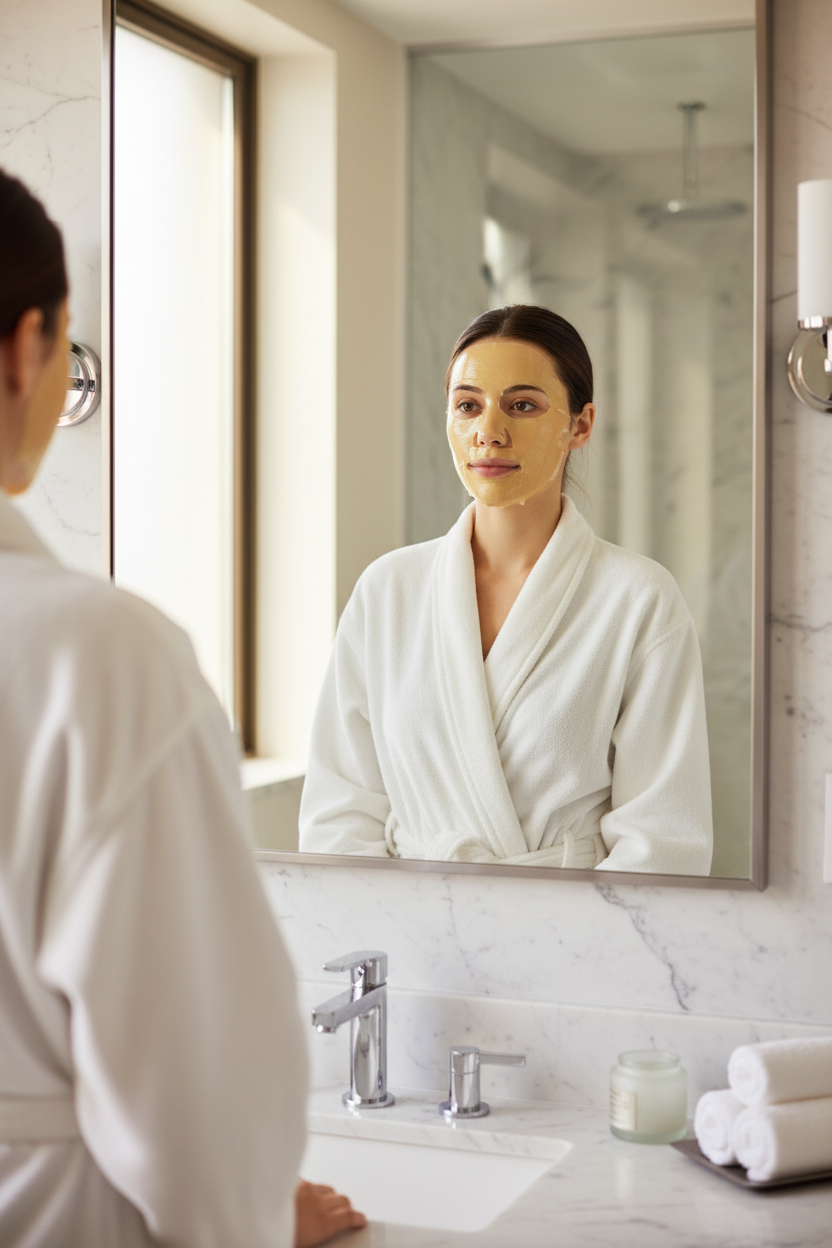 Woman applying collagen face mask in bathroom