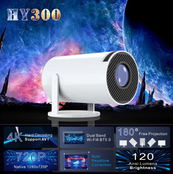 HY300 Portable Mini Projector – 4K Support, Wi-Fi 6 & Bluetooth 5.0