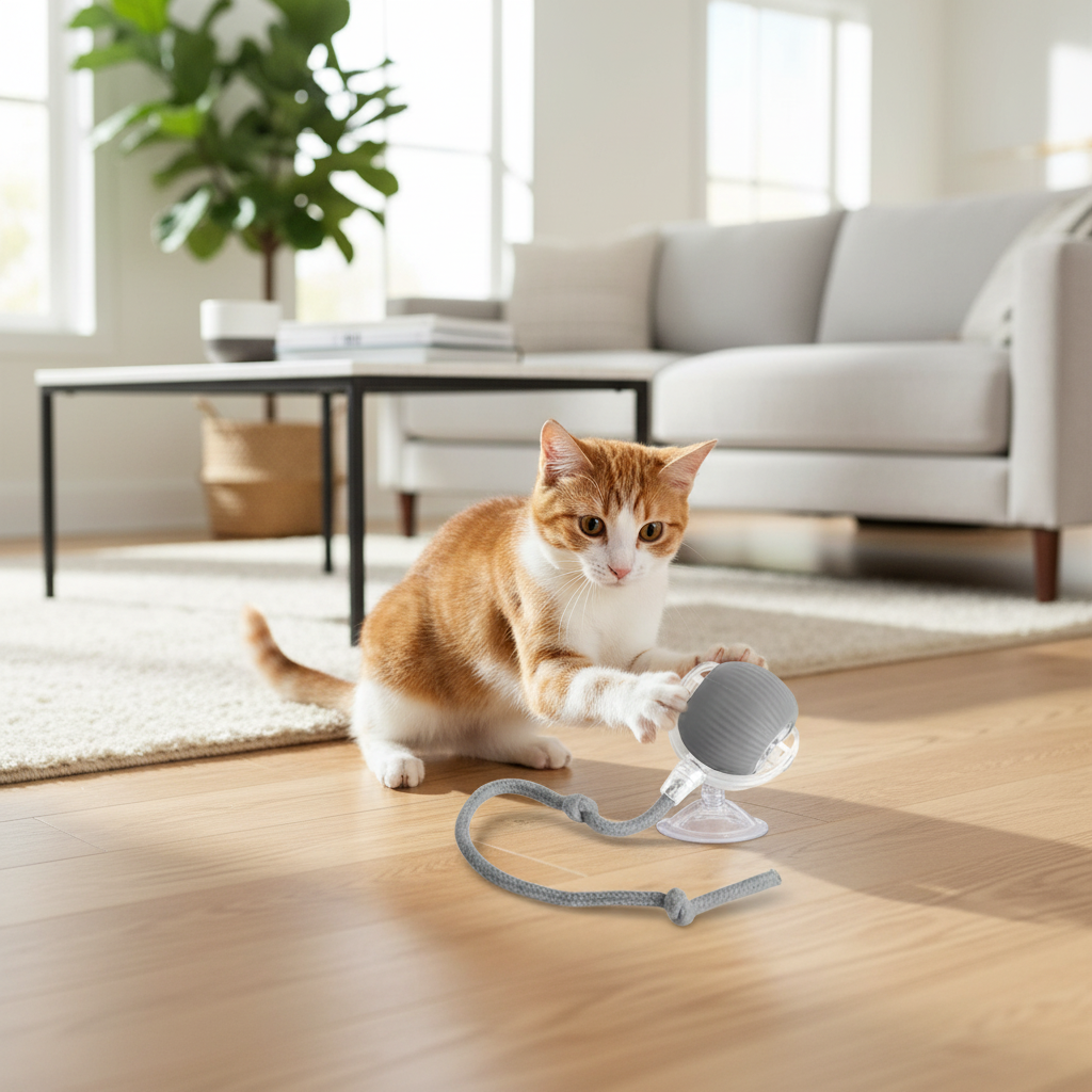 Cat playing with smart rolling pet ball in living room