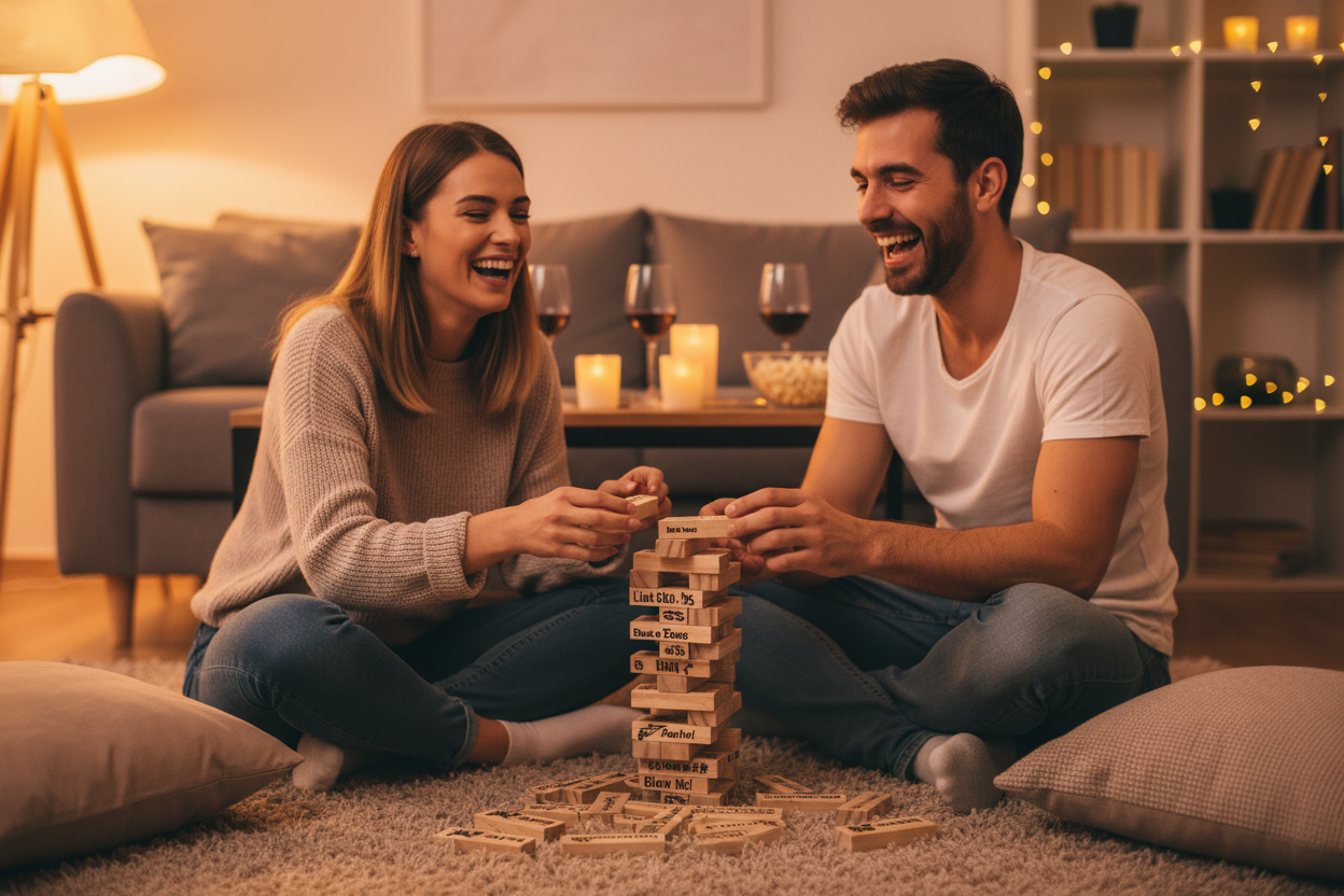 Couple playing Love Stack tumbling block game