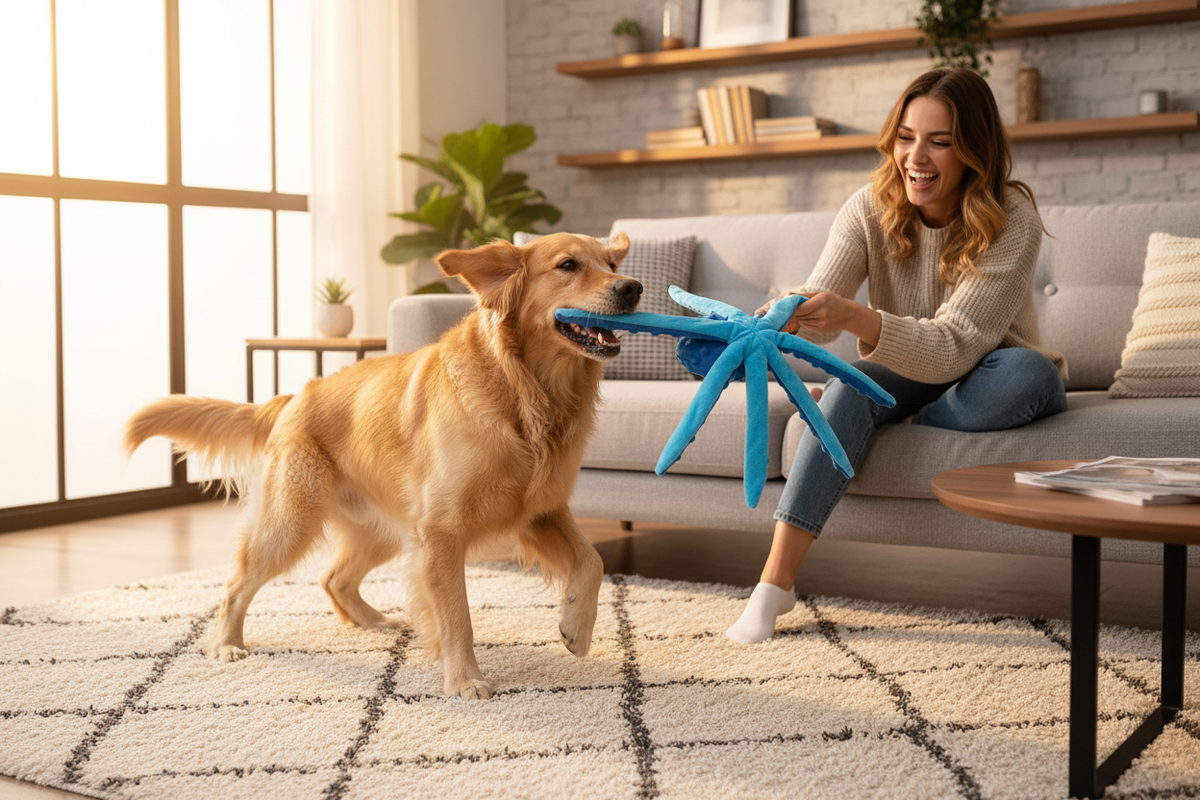Dog playing with blue octopus toy with owner in living room