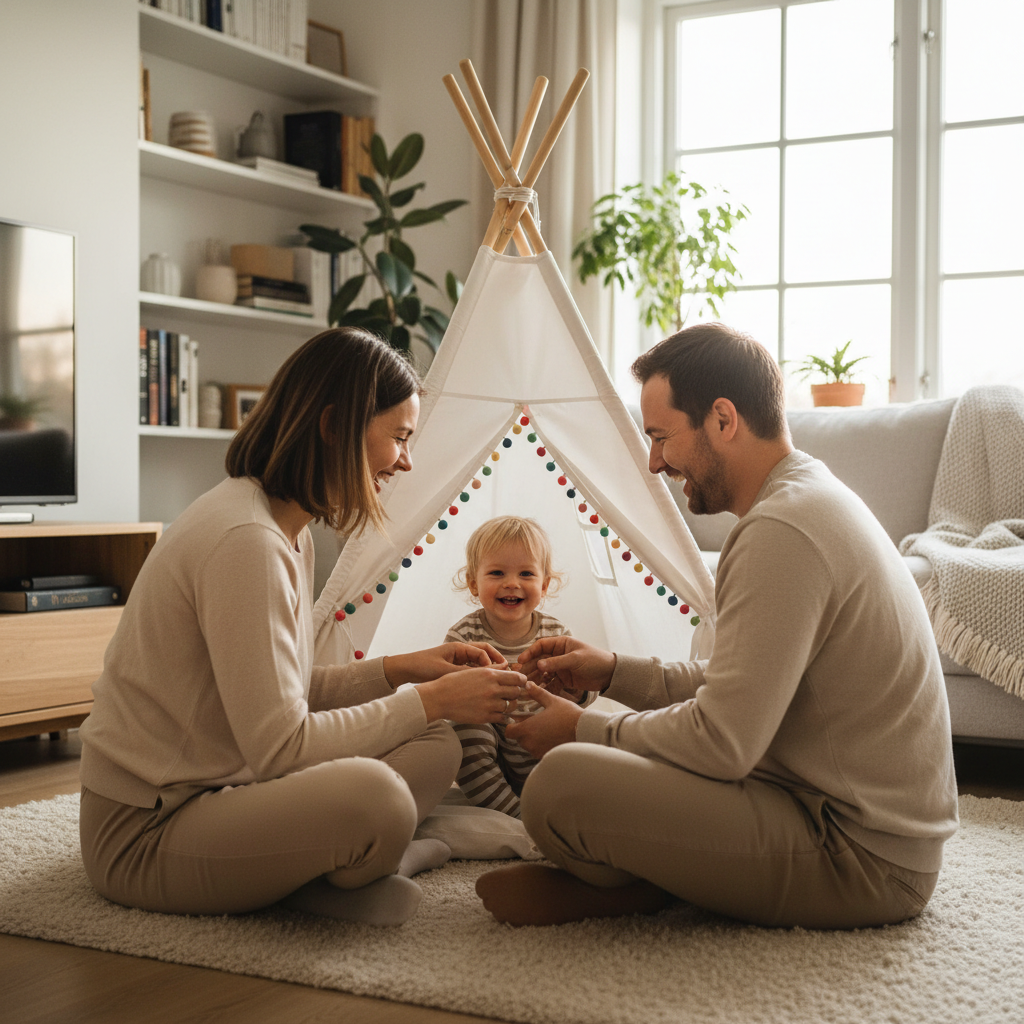 Family playing with tent