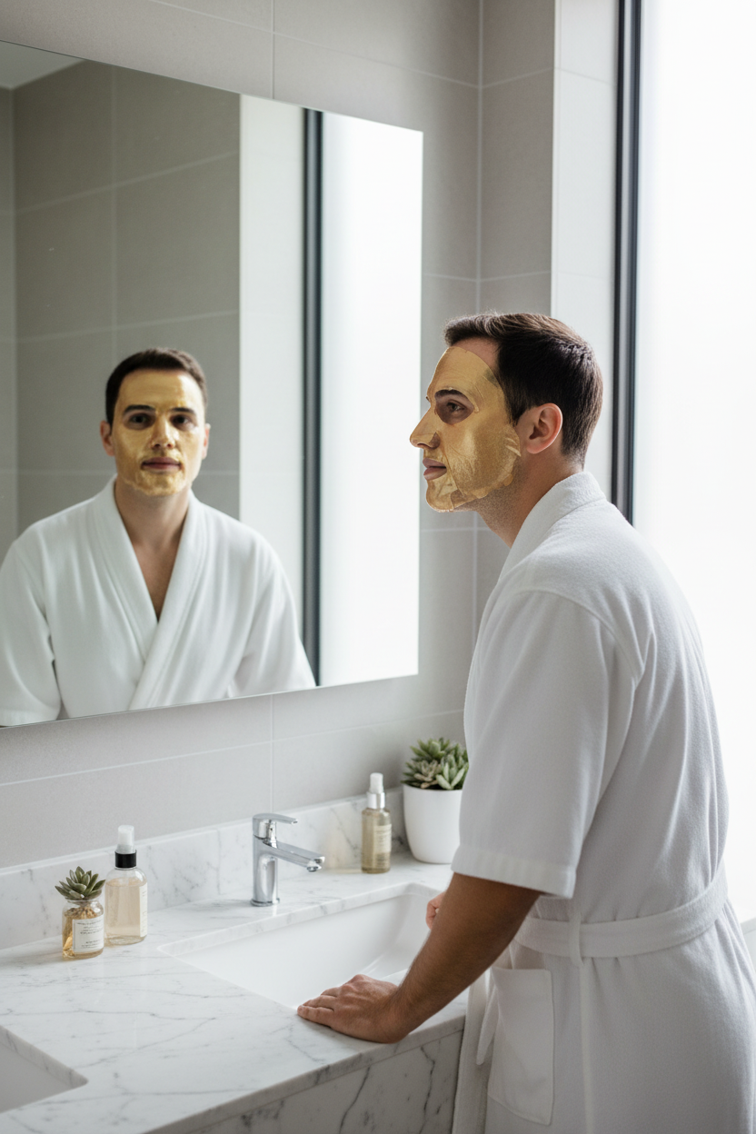 Man applying collagen face mask in bathroom