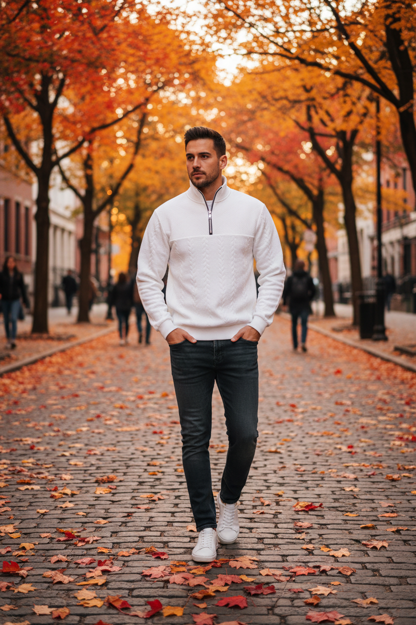 Man in Fall Street Setting - White Quarter-Zip