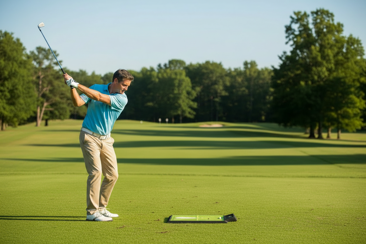 Man in golf attire practicing swing in a park