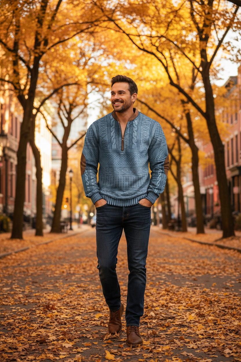 Man walking in fall wearing quarter-zip sweater