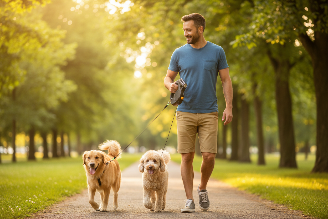 Man walking two dogs in a park with dual retractable leash
