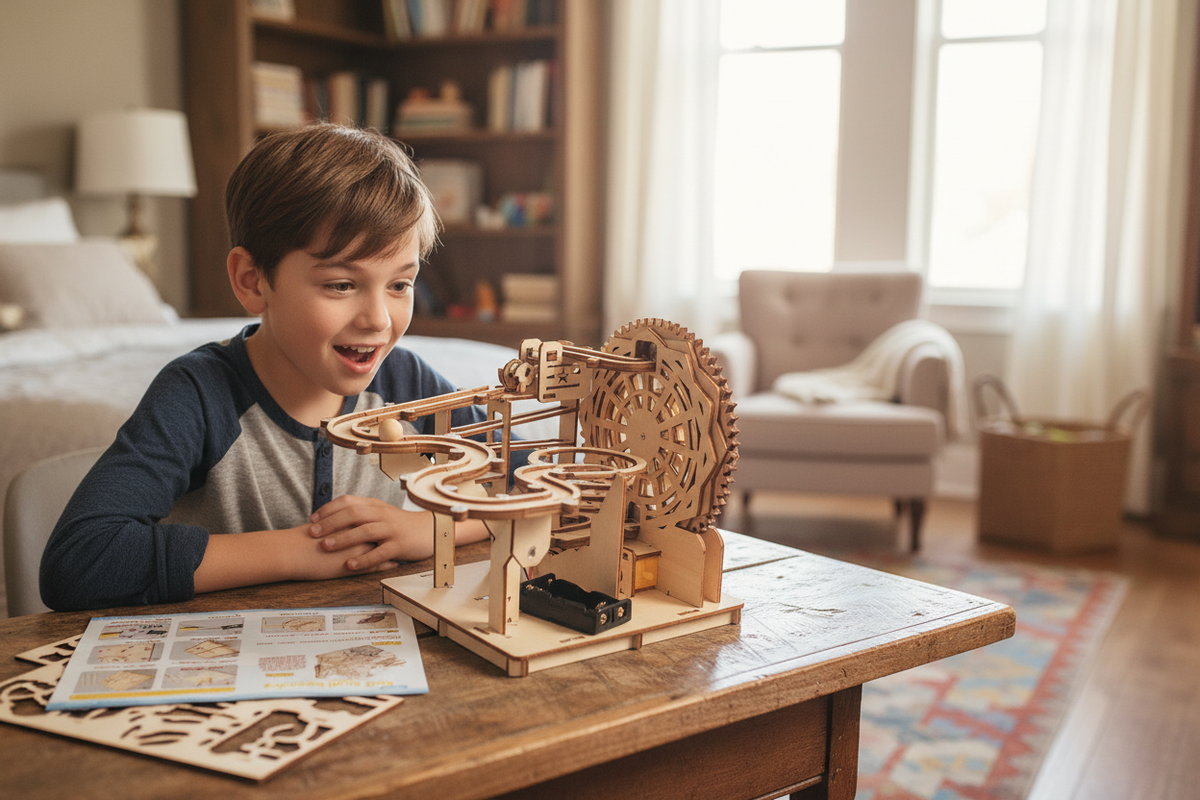 Young boy playing with wooden marble run